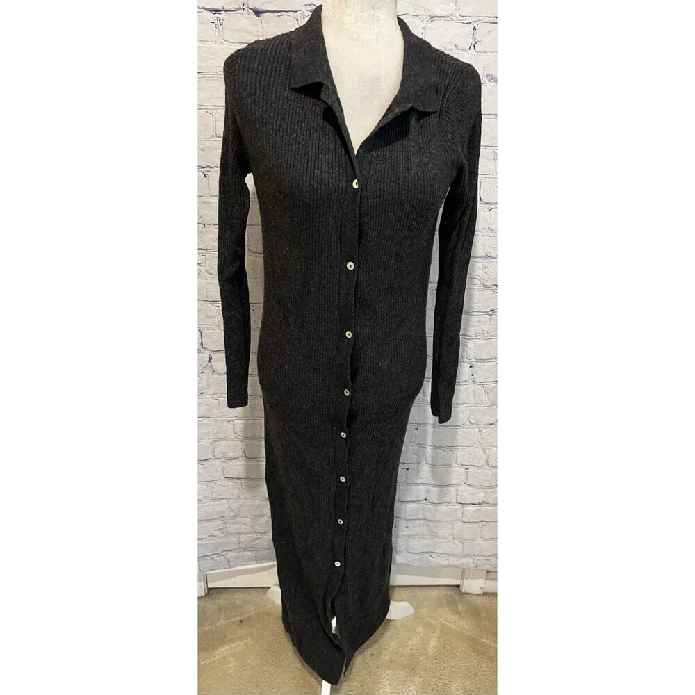 NWT ZARA - BUTTON DOWN BLACK RIBBED KNIT DRESS LONG DUSTER SWEATER Size Large